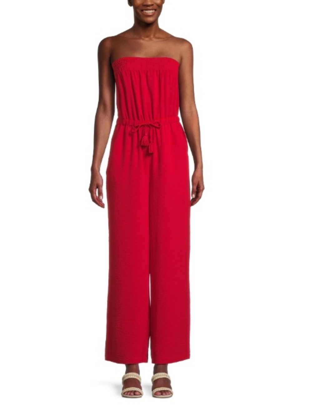 No Boundaries Crinkle Strapless Wide-Leg Jumpsuit in Red
